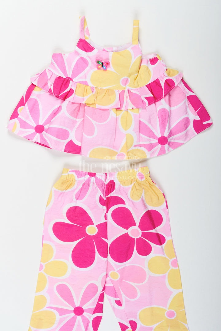 The Nesavu Girls Casual Set Girls Printed White Top with Matching Floral Pant Set in Bright Cotton Fabric Nesavu Girls Printed White Top Set with Floral Cotton Pants in Yellow and Pink Hues | The Nesavu