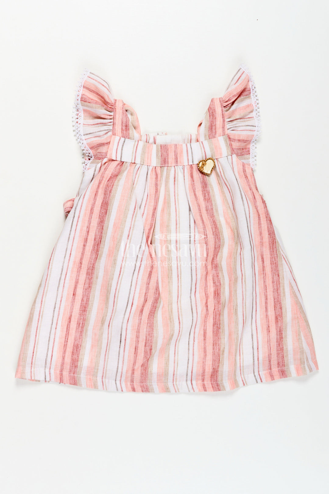 The Nesavu Girls Cotton Frock Girls Puff Hand Dress in Soft Cotton with Vertical Stripes and Frill Sleeves for a Breezy Casual Look Nesavu 18 (2Y) / Peach GFC1680B-18 Girls Cotton Puff Hand Dress Striped Pattern Frill Sleeves Everyday Style | The Nesavu