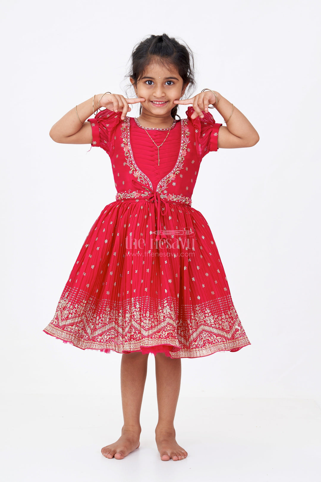 The Nesavu Silk Frock Girls Puff Sleeve Dress in Chinon Silk with Kadi Print Butta Design and Rich Embroidered Hem Border Nesavu 18 (2Y) / Pink SF983A-18 Girls Puff Sleeve Dress Chinon Silk Kadi Butta Print Embroidered Festive Border | The Nesavu