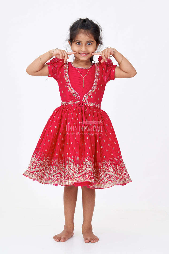 The Nesavu Silk Frock Girls Puff Sleeve Dress in Chinon Silk with Kadi Print Butta Design and Rich Embroidered Hem Border Nesavu 18 (2Y) / Pink SF983A-18 Girls Puff Sleeve Dress Chinon Silk Kadi Butta Print Embroidered Festive Border | The Nesavu