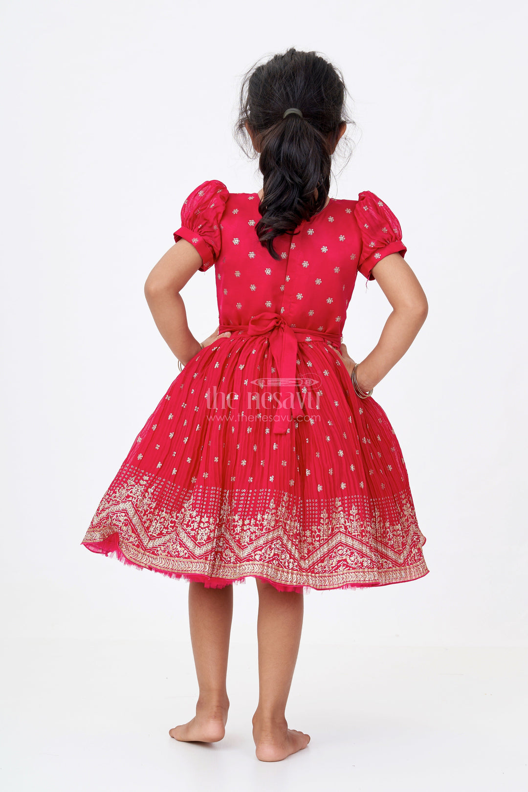 The Nesavu Silk Frock Girls Puff Sleeve Dress in Chinon Silk with Kadi Print Butta Design and Rich Embroidered Hem Border Nesavu Girls Puff Sleeve Dress Chinon Silk Kadi Butta Print Embroidered Festive Border | The Nesavu