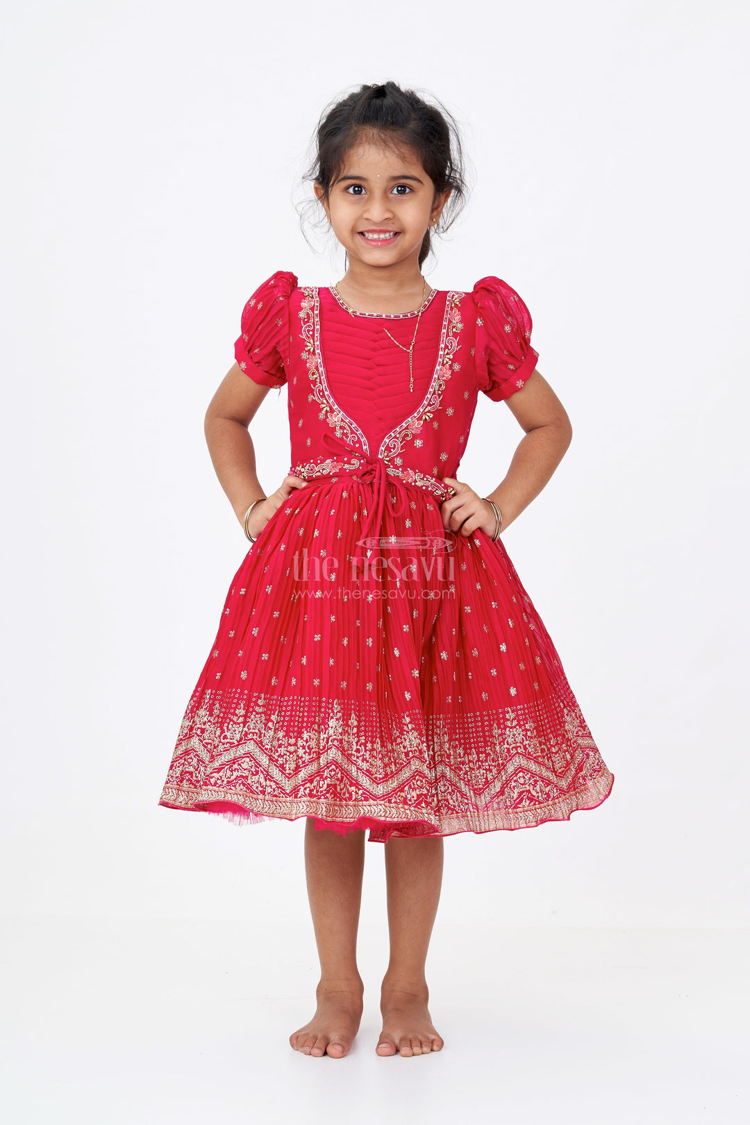 The Nesavu Silk Frock Girls Puff Sleeve Dress in Chinon Silk with Kadi Print Butta Design and Rich Embroidered Hem Border Nesavu Girls Puff Sleeve Dress Chinon Silk Kadi Butta Print Embroidered Festive Border | The Nesavu