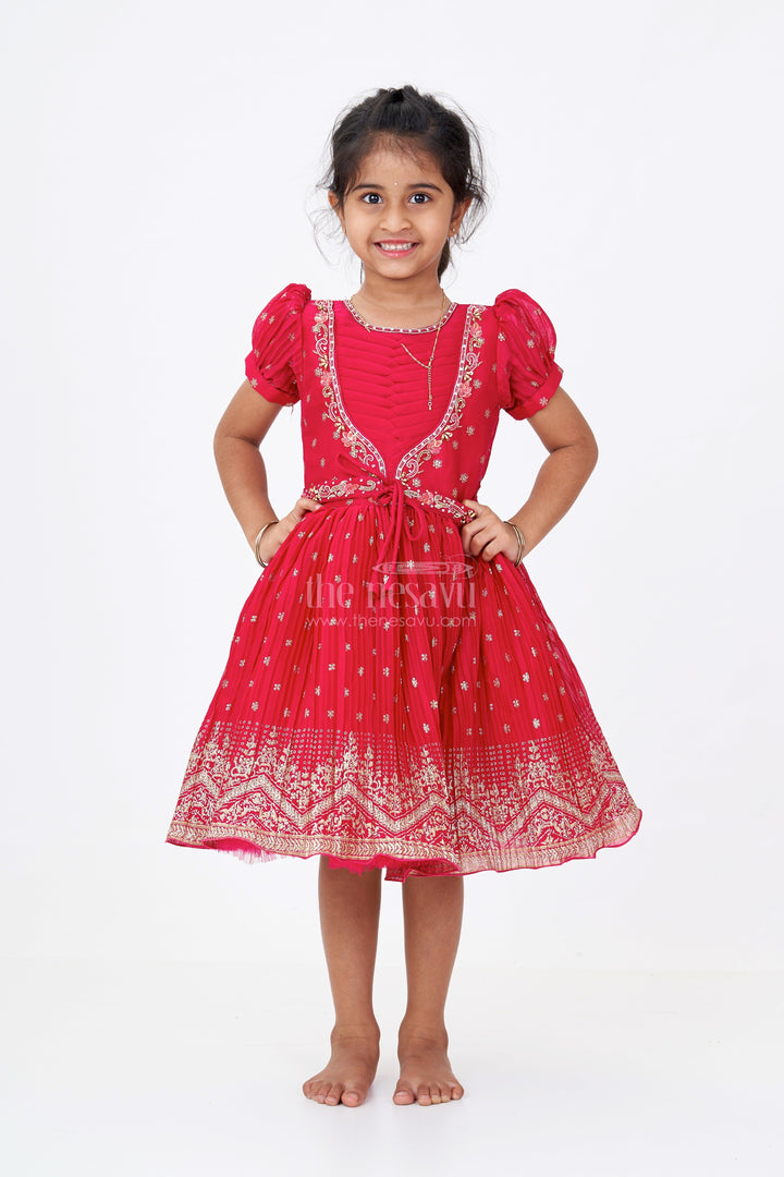 The Nesavu Silk Frock Girls Puff Sleeve Dress in Chinon Silk with Kadi Print Butta Design and Rich Embroidered Hem Border Nesavu Girls Puff Sleeve Dress Chinon Silk Kadi Butta Print Embroidered Festive Border | The Nesavu