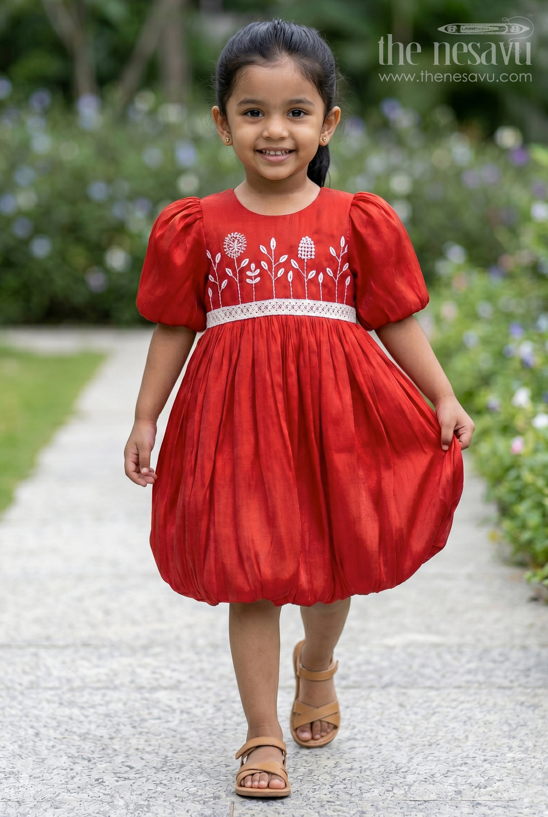The Nesavu Girls Cotton Frock Girls Puff Sleeve Frock for Birthdays and Festive Occasions Nesavu 20 (3Y) / Red / Organza GFC2253C-20 Nesavu Girls Organza Puff Sleeve Frock For Birthdays And Festive Family Occasions