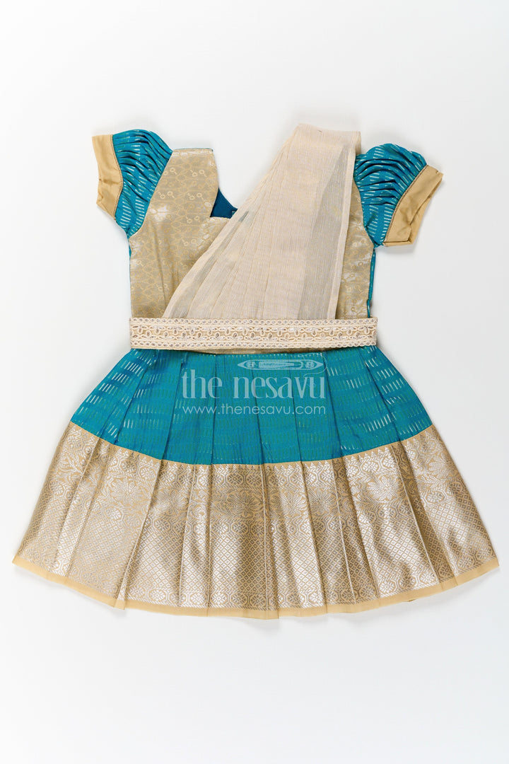The Nesavu Girls Kanchi Silk Frock Girls Pure Silk Dress in Semi Kanchivaram with Teal and Beige Weaves and Elegant Embroidered Lace Dupatta Nesavu 16 (1Y) / Blue / Style 1 SF848BA-16 Girls Pure Silk Dress in Semi Kanchivaram with Teal Zari Skirt and Embroidered Lace Dupatta Accent | The Nesavu