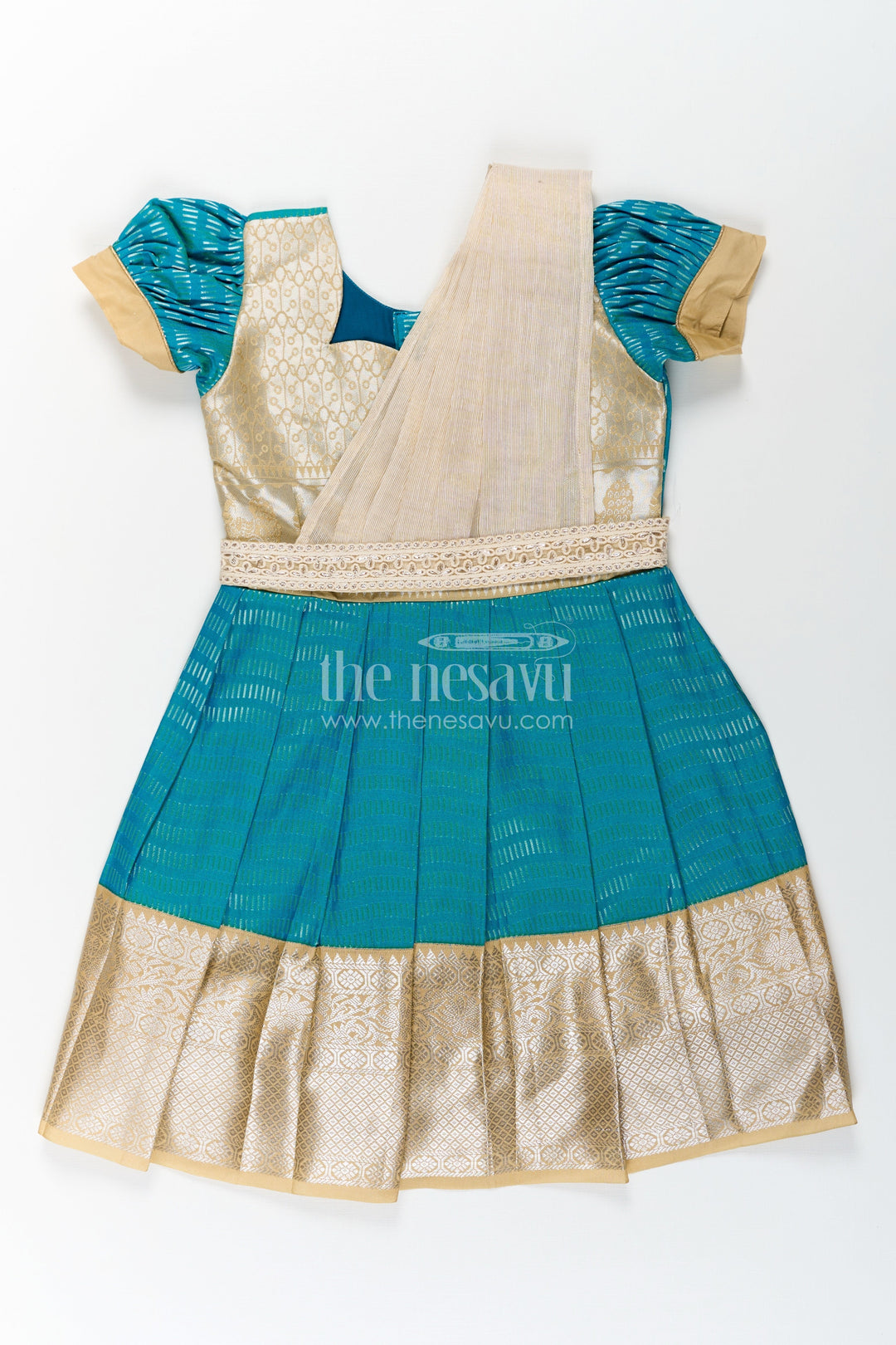 The Nesavu Girls Kanchi Silk Frock Girls Pure Silk Dress in Semi Kanchivaram with Teal and Beige Weaves and Elegant Embroidered Lace Dupatta Nesavu 20 (3Y) / Blue / Style 2 SF848BB-20 Girls Pure Silk Dress in Semi Kanchivaram with Teal Zari Skirt and Embroidered Lace Dupatta Accent | The Nesavu
