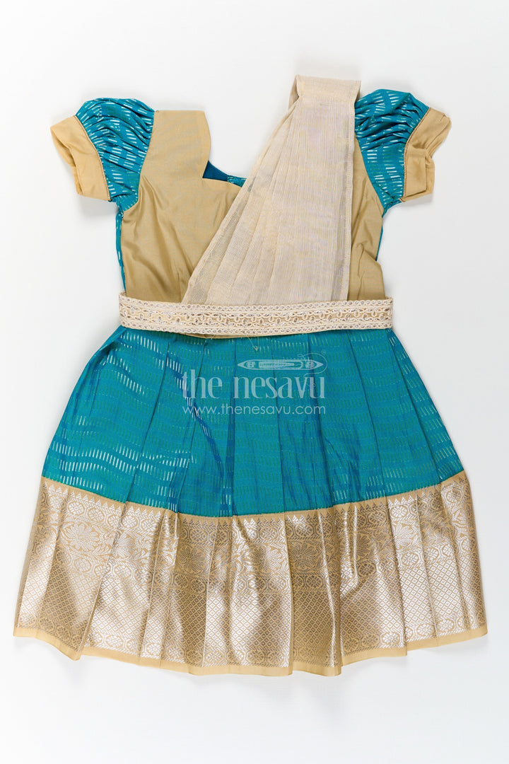 The Nesavu Girls Kanchi Silk Frock Girls Pure Silk Dress in Semi Kanchivaram with Teal and Beige Weaves and Elegant Embroidered Lace Dupatta Nesavu 20 (3Y) / Blue / Style 3 SF848BC-20 Girls Pure Silk Dress in Semi Kanchivaram with Teal Zari Skirt and Embroidered Lace Dupatta Accent | The Nesavu