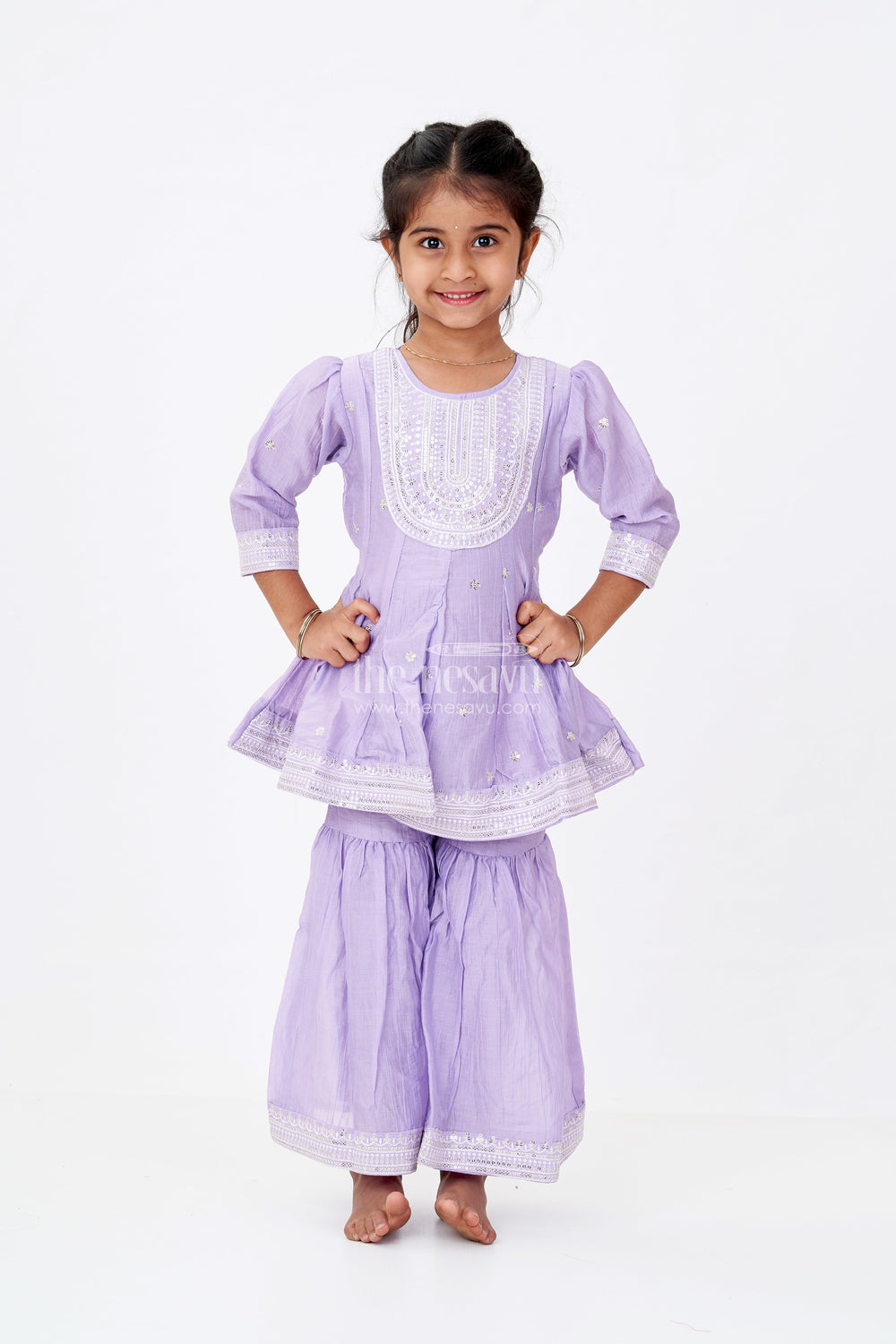 The Nesavu Girls Churidar Sets Girls Purple Churidar with Sequin Embroidered Cotton Set Featuring Kurta and Flared Pants Nesavu Nesavu Girls Purple Cotton Churidar Set Sequin Embroidery Flared Pants