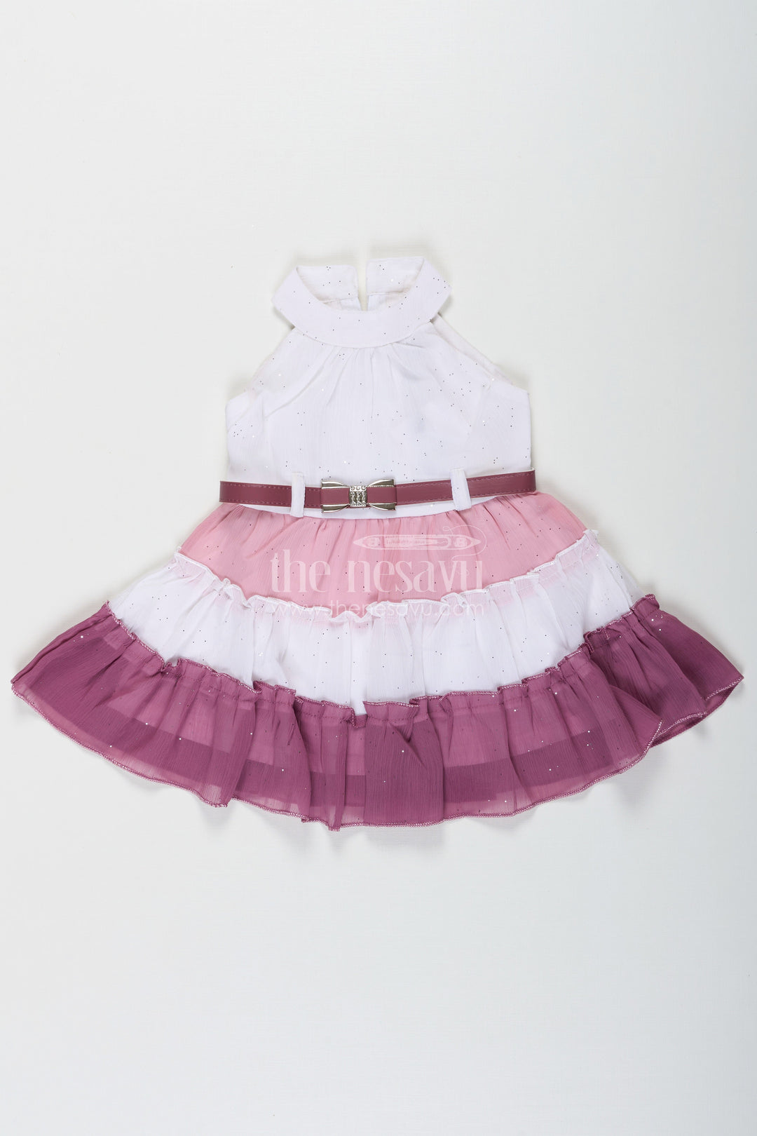 The Nesavu Girls Cotton Frock Girls Purple Colour Frock Design in Tiered Glitter Georgette with White and Lavender Ombre Layers Nesavu 14 (6M) / Purple BFJ766B-14 Nesavu Girls Purple Colour Long Frock White Lavender Ombre Glitter Georgette Belt