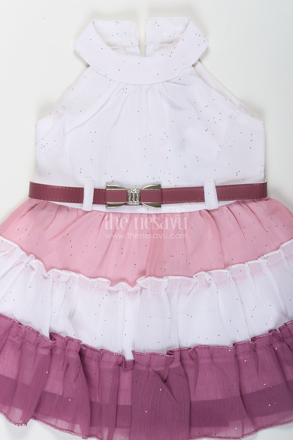 The Nesavu Girls Cotton Frock Girls Purple Colour Frock Design in Tiered Glitter Georgette with White and Lavender Ombre Layers Nesavu Nesavu Girls Purple Colour Long Frock White Lavender Ombre Glitter Georgette Belt