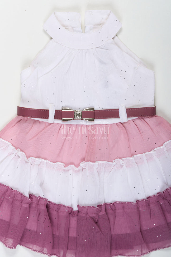 The Nesavu Girls Cotton Frock Girls Purple Colour Frock Design in Tiered Glitter Georgette with White and Lavender Ombre Layers Nesavu Nesavu Girls Purple Colour Long Frock White Lavender Ombre Glitter Georgette Belt