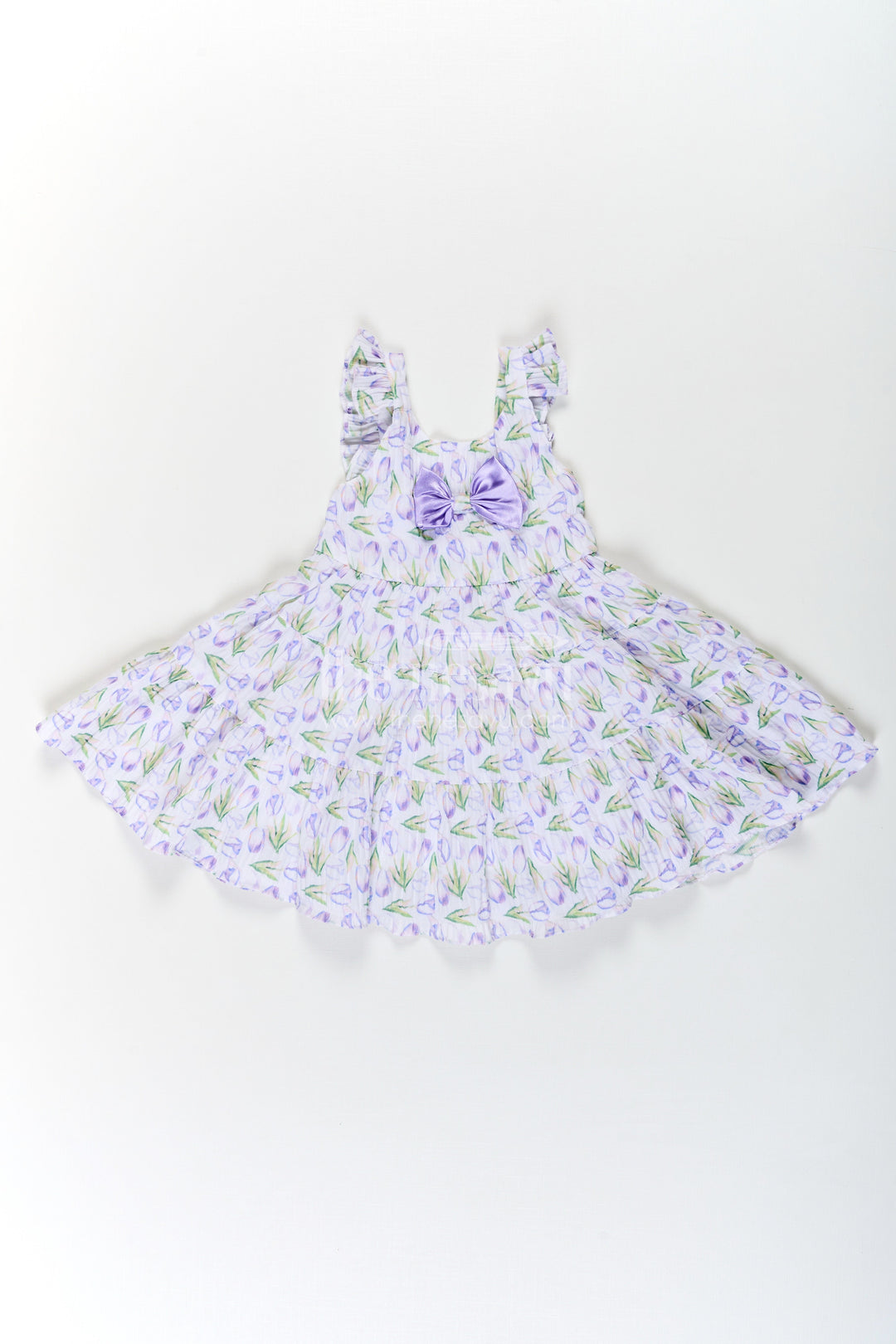 The Nesavu Baby Cotton Frocks Girls Purple Floral Frocks with Sleeves in Chiffon Featuring Layered Ruffles and Bow Detail Nesavu 14 (6M) / Purple BFJ761B-14 Girls Purple Floral Printed Chiffon Frocks Sleeves Layered Ruffles | The Nesavu