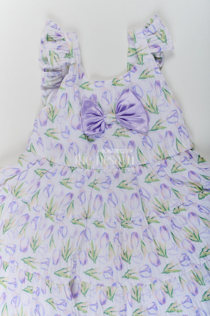 The Nesavu Baby Cotton Frocks Girls Purple Floral Frocks with Sleeves in Chiffon Featuring Layered Ruffles and Bow Detail Nesavu Girls Purple Floral Printed Chiffon Frocks Sleeves Layered Ruffles | The Nesavu
