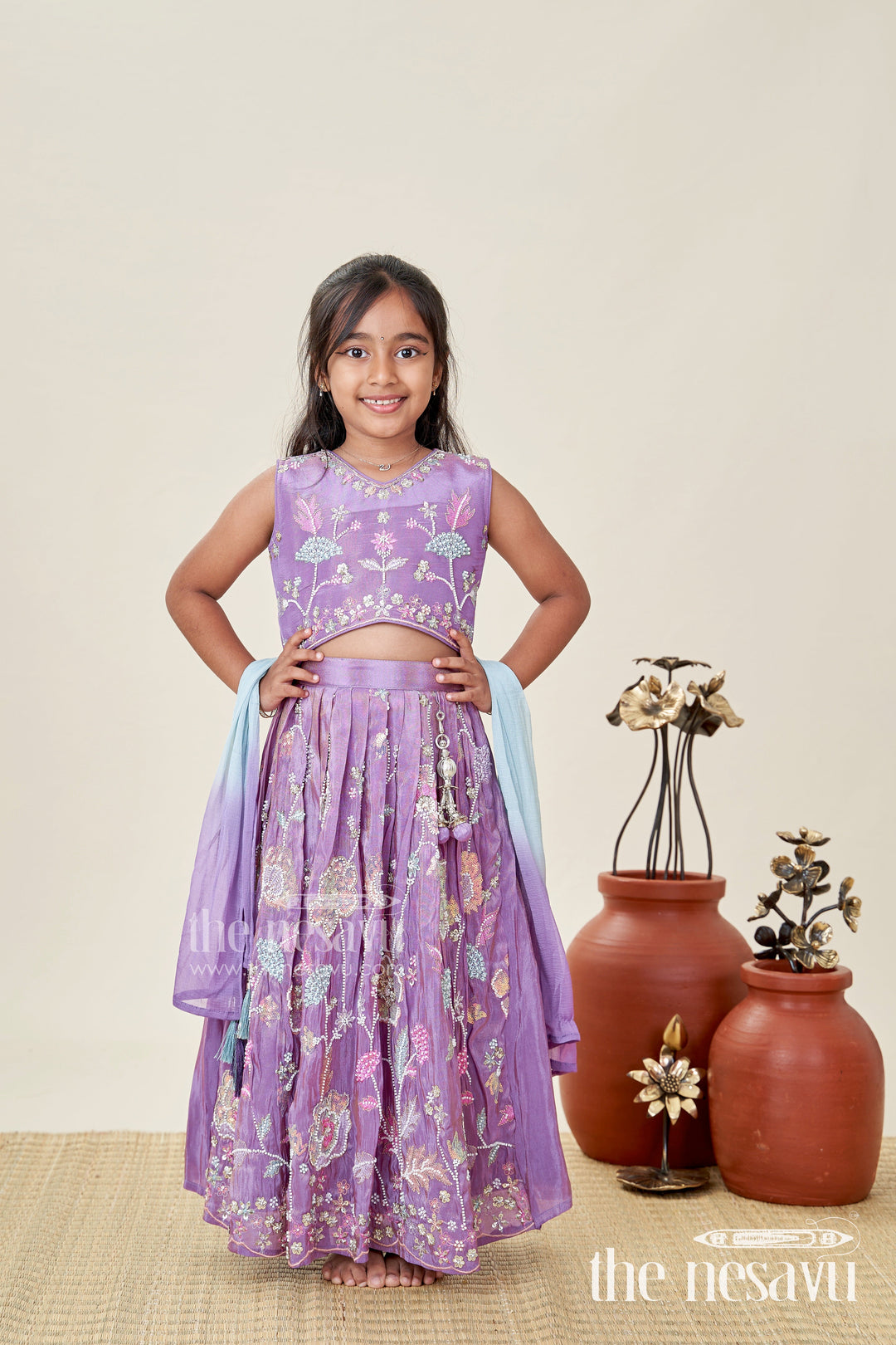 The Nesavu Girls Lehenga Choli Girls Purple Lehenga Choli for Festive Functions and Family Celebrations Nesavu 18 (2Y) / Purple GL564C-18 Nesavu Girls Purple Lehenga Choli Festivals Lightweight Ethnic Outfit Embroidery Dupatta