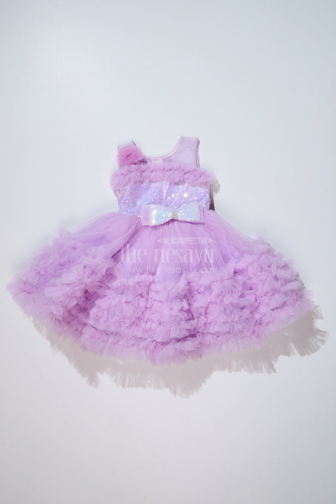 The Nesavu Girls Fancy Party Frock Girls Purple Net Party Dress with Ruffled Layers and Sequin Bow Nesavu 16 (1Y) / Purple PF195A-16 Girls Purple Net Party Dress Ruffles Sequin Bow Special Occasions | The Nesavu