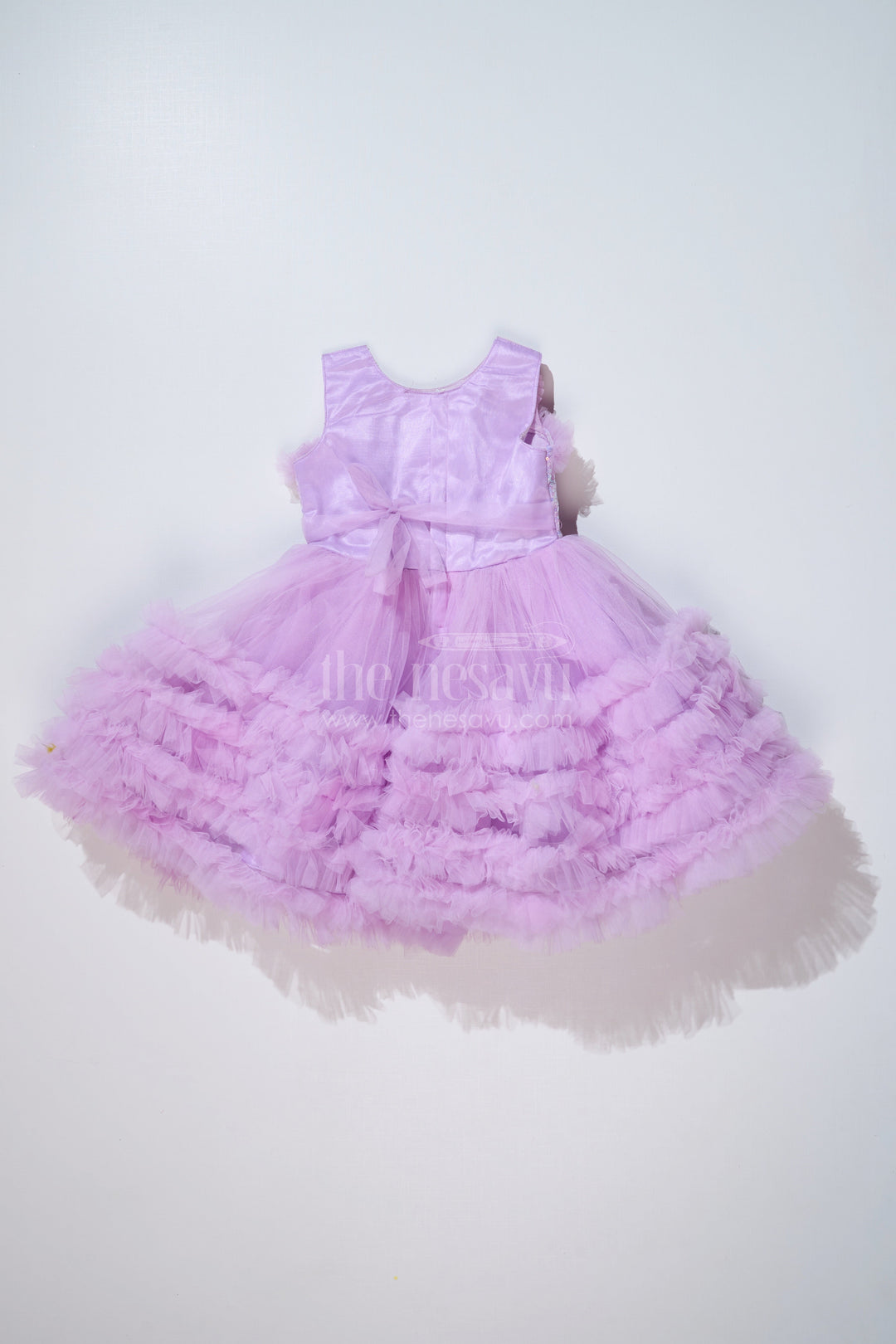 The Nesavu Girls Fancy Party Frock Girls Purple Net Party Dress with Ruffled Layers and Sequin Bow Nesavu Girls Purple Net Party Dress Ruffles Sequin Bow Special Occasions | The Nesavu