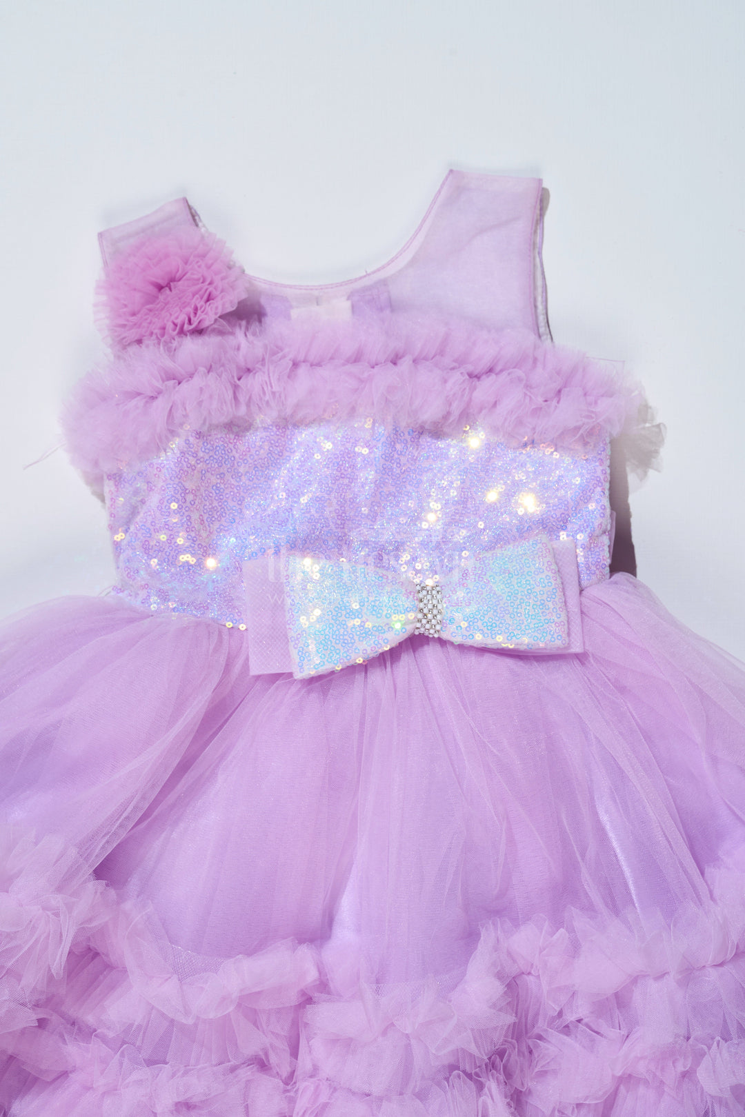 The Nesavu Girls Fancy Party Frock Girls Purple Net Party Dress with Ruffled Layers and Sequin Bow Nesavu Girls Purple Net Party Dress Ruffles Sequin Bow Special Occasions | The Nesavu