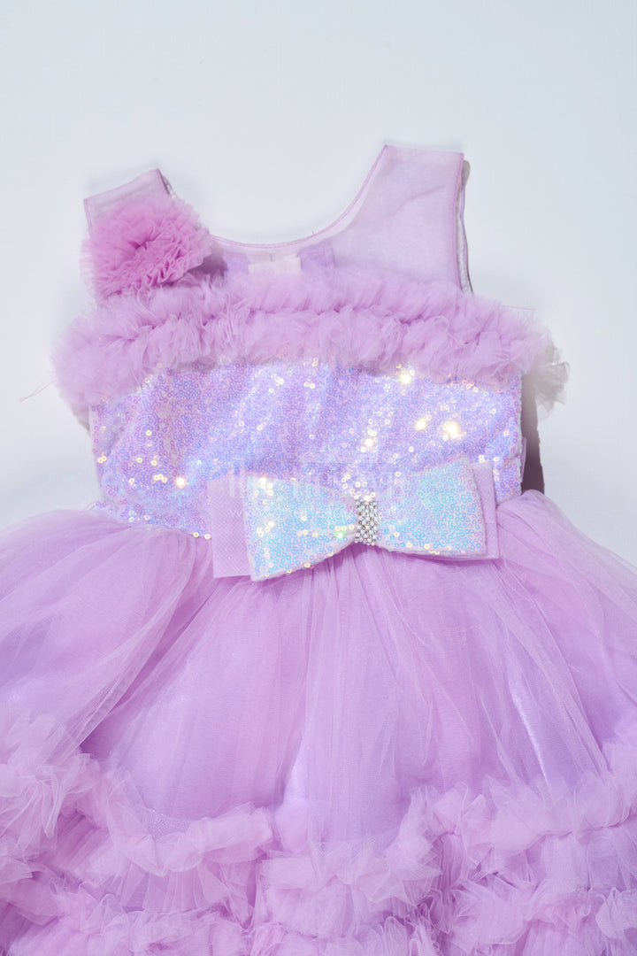 The Nesavu Girls Fancy Party Frock Girls Purple Net Party Dress with Ruffled Layers and Sequin Bow Nesavu Girls Purple Net Party Dress Ruffles Sequin Bow Special Occasions | The Nesavu