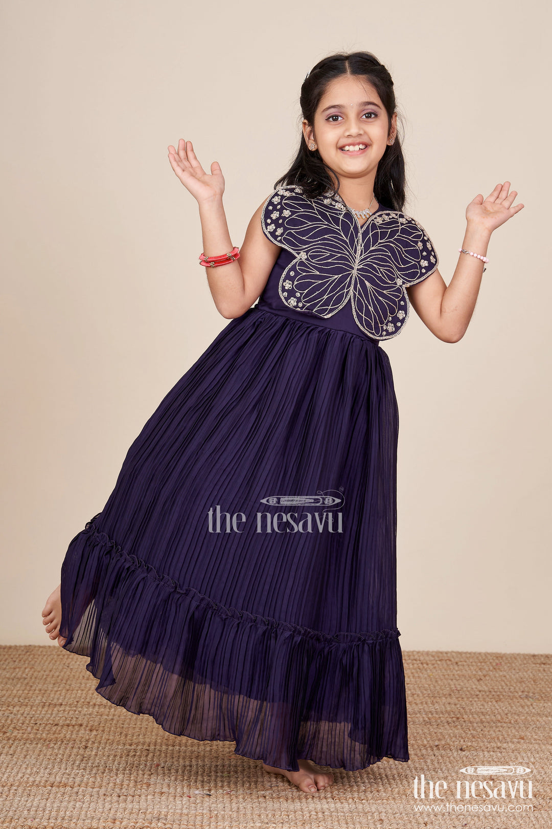 The Nesavu Girls Party Gown Girls Purple Party Gown with Butterfly Embellished Bodice Nesavu 24 (5Y) / Purple GA379A-24 Nesavu girls purple georgette party gown butterfly embellished bodice birthdays weddings