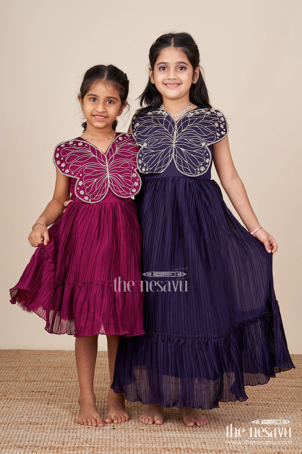 The Nesavu Girls Party Gown Girls Purple Party Gown with Butterfly Embellished Bodice Nesavu Nesavu girls purple georgette party gown butterfly embellished bodice birthdays weddings