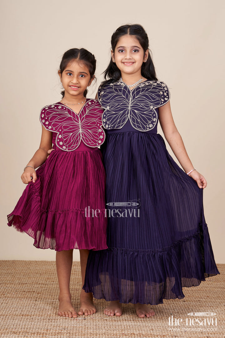 The Nesavu Girls Party Gown Girls Purple Party Gown with Butterfly Embellished Bodice Nesavu Nesavu girls purple georgette party gown butterfly embellished bodice birthdays weddings