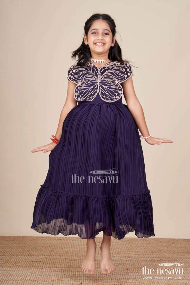 The Nesavu Girls Party Gown Girls Purple Party Gown with Butterfly Embellished Bodice Nesavu Nesavu girls purple georgette party gown butterfly embellished bodice birthdays weddings