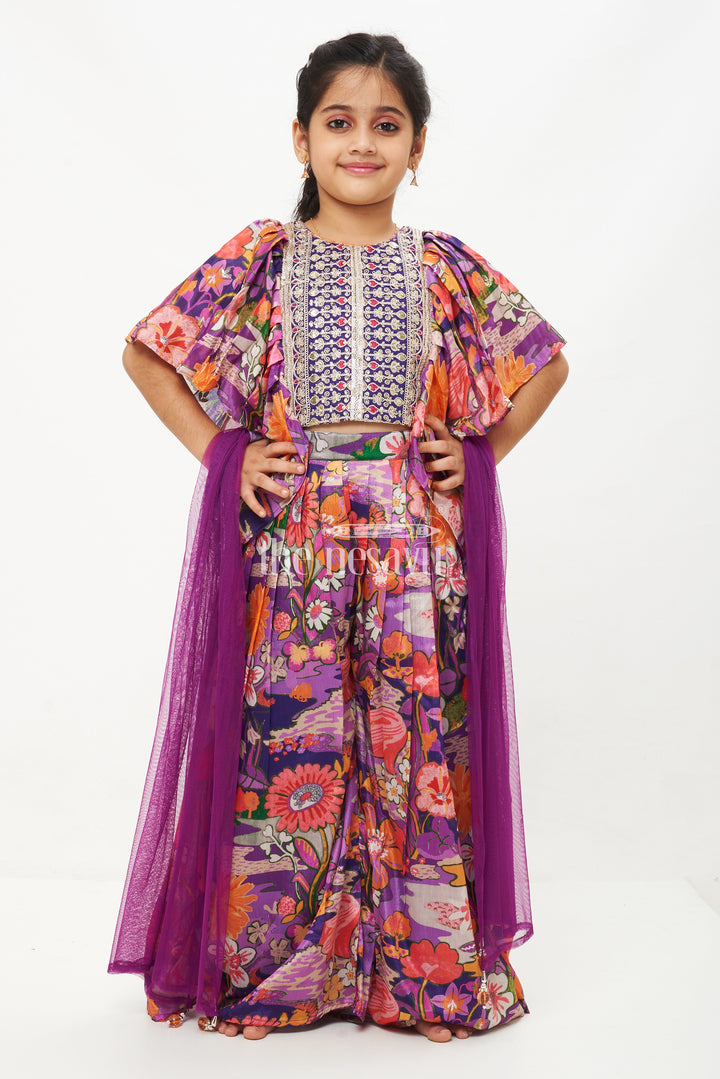 The Nesavu Girls Sharara / Plazo Set Girls' Purple Printed Chinon Silk Sharara Set with Embroidered Crop Top and Ruffle Sleeves Nesavu Girls' Purple Floral Chinon Silk Sharara Set with Embroidered Crop Top - Festive Wear