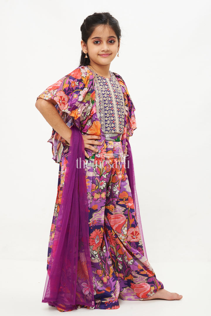 The Nesavu Girls Sharara / Plazo Set Girls' Purple Printed Chinon Silk Sharara Set with Embroidered Crop Top and Ruffle Sleeves Nesavu Girls' Purple Floral Chinon Silk Sharara Set with Embroidered Crop Top - Festive Wear