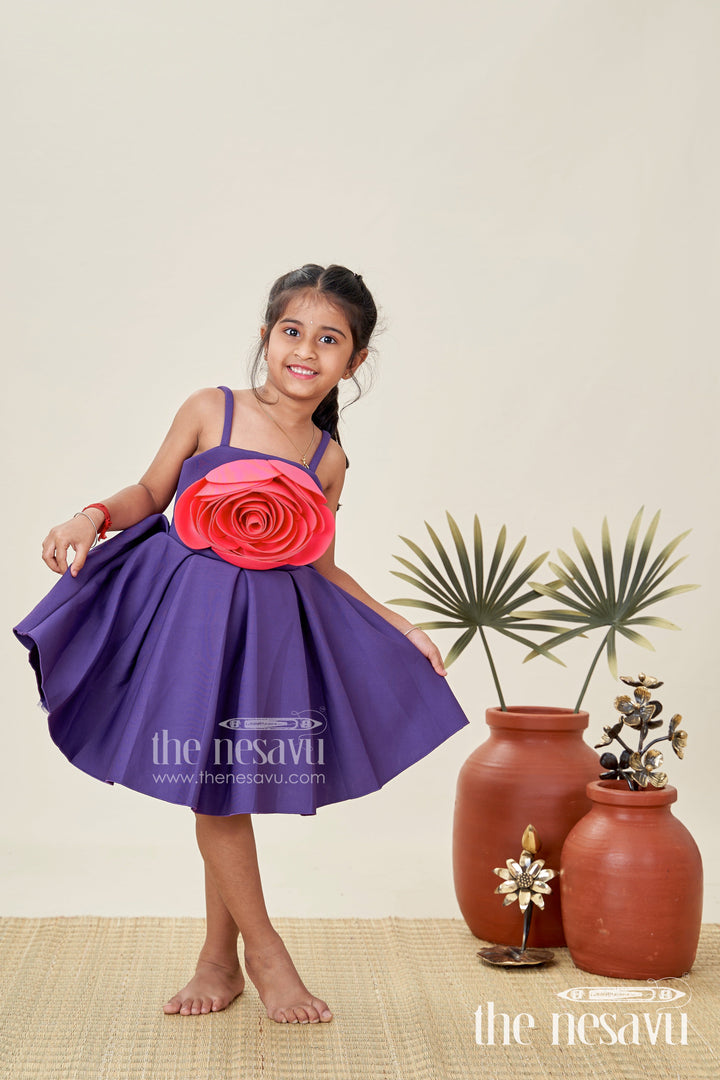 The Nesavu Girls Fancy Party Frock Girls Purple Scuba Frock New Pattern with Oversized Red Rose and Box Pleated Skirt Nesavu 16 (1Y) / Purple PF210B-16 Nesavu Girls Purple Scuba Dress Red Rose Detail Box Pleats frock new pattern Design