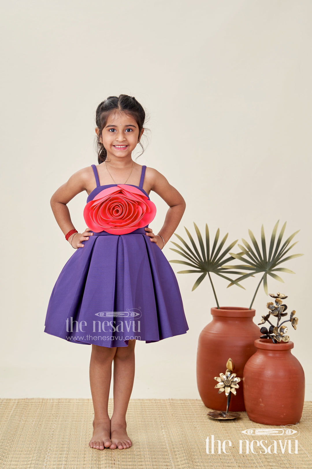 The Nesavu Girls Fancy Party Frock Girls Purple Scuba Frock New Pattern with Oversized Red Rose and Box Pleated Skirt Nesavu Nesavu Girls Purple Scuba Dress Red Rose Detail Box Pleats frock new pattern Design