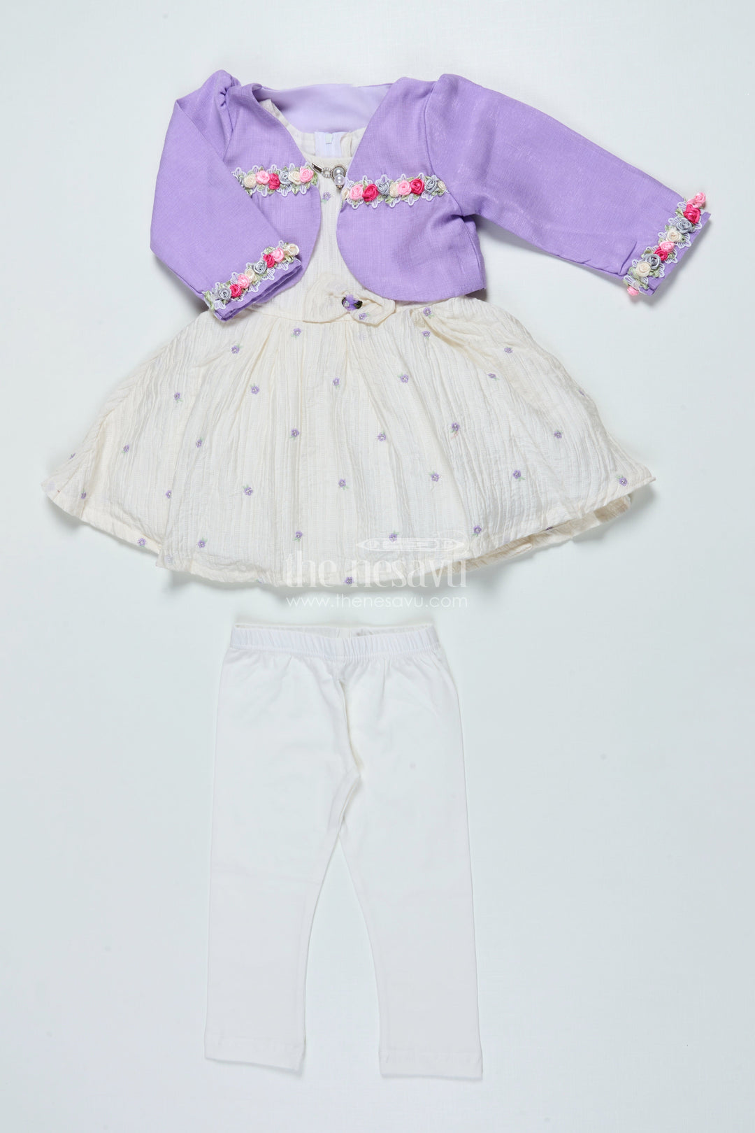 The Nesavu Girls Sharara / Plazo Set Girls Purple Sharara Set with Crushed Georgette and Jacket for Elegant Events Nesavu 18 (2Y) / Purple GPS888A-18 Nesavu girls purple sharara set crushed georgette jacket  graceful outfit festive family gatherings