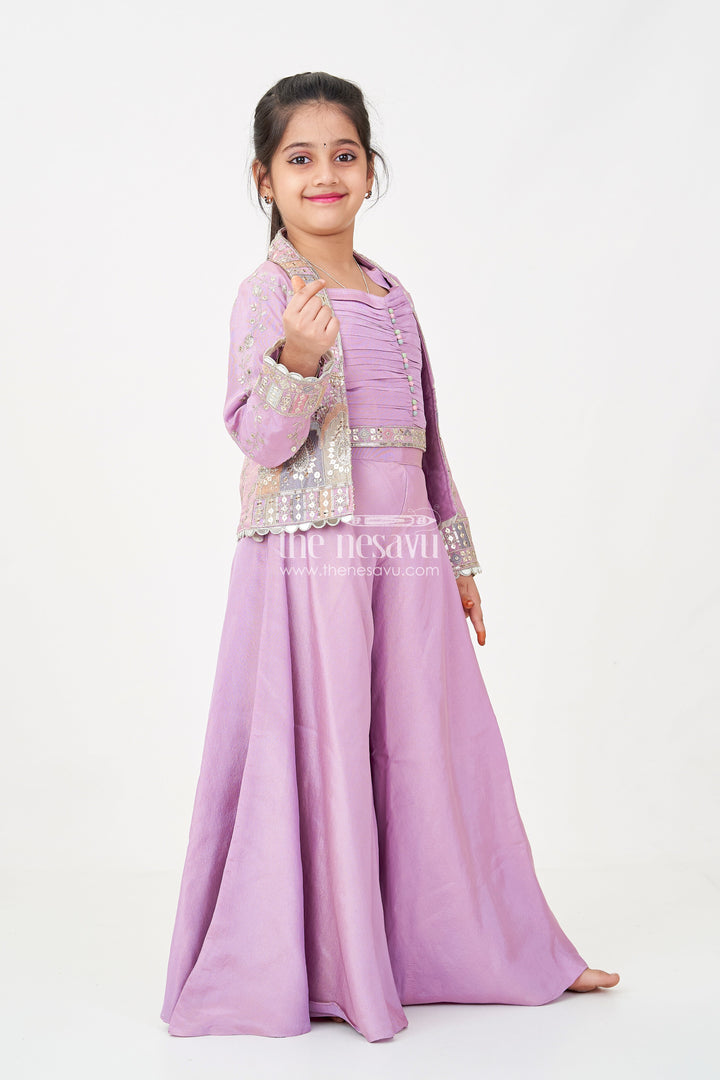 The Nesavu Girls Sharara / Plazo Set Girls Purple Sharara Set with Embroidered Jacket in Viscose Tissue and Matching Plazo Nesavu 24 (5Y) / Purple GPS607A-24 Girls Purple Sharara Set Embellished Jacket Viscose Tissue Plazo | The Nesavu