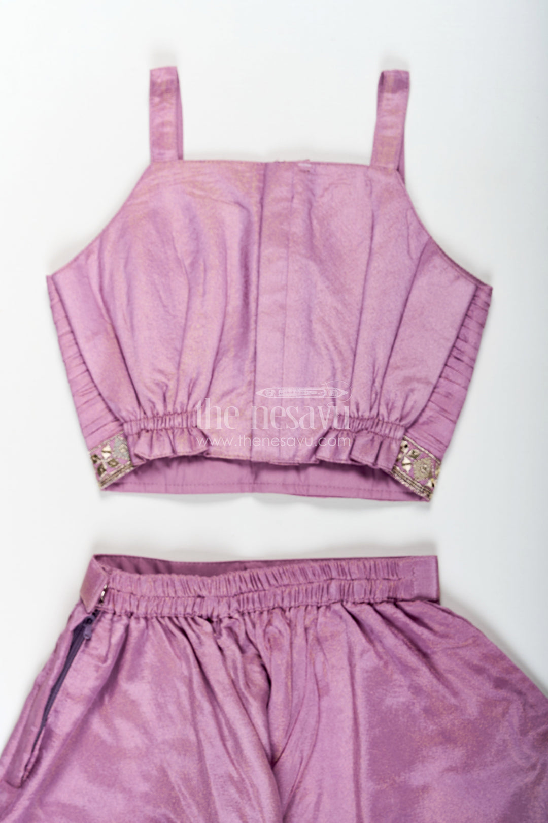The Nesavu Girls Sharara / Plazo Set Girls Purple Sharara Set with Embroidered Jacket in Viscose Tissue and Matching Plazo Nesavu Girls Purple Sharara Set Embellished Jacket Viscose Tissue Plazo | The Nesavu