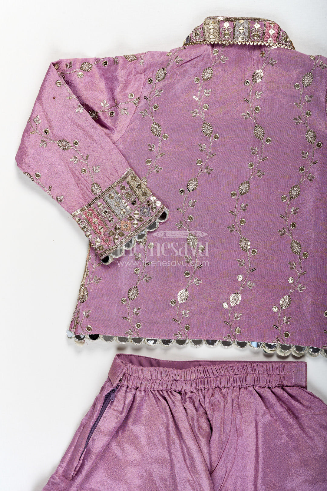 The Nesavu Girls Sharara / Plazo Set Girls Purple Sharara Set with Embroidered Jacket in Viscose Tissue and Matching Plazo Nesavu Girls Purple Sharara Set Embellished Jacket Viscose Tissue Plazo | The Nesavu