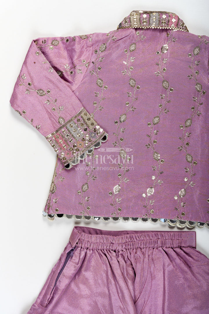 The Nesavu Girls Sharara / Plazo Set Girls Purple Sharara Set with Embroidered Jacket in Viscose Tissue and Matching Plazo Nesavu Girls Purple Sharara Set Embellished Jacket Viscose Tissue Plazo | The Nesavu