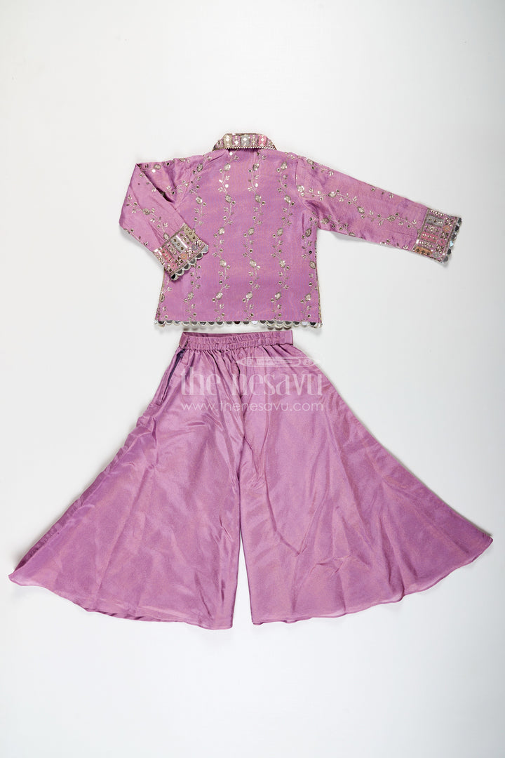 The Nesavu Girls Sharara / Plazo Set Girls Purple Sharara Set with Embroidered Jacket in Viscose Tissue and Matching Plazo Nesavu Girls Purple Sharara Set Embellished Jacket Viscose Tissue Plazo | The Nesavu