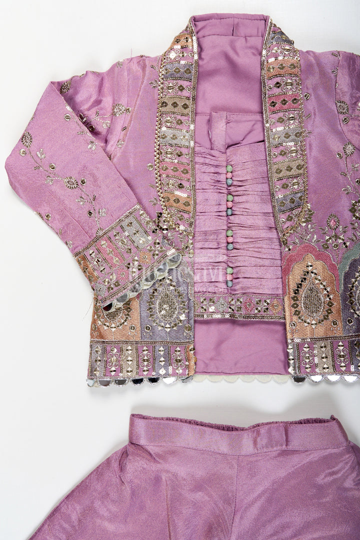 The Nesavu Girls Sharara / Plazo Set Girls Purple Sharara Set with Embroidered Jacket in Viscose Tissue and Matching Plazo Nesavu Girls Purple Sharara Set Embellished Jacket Viscose Tissue Plazo | The Nesavu