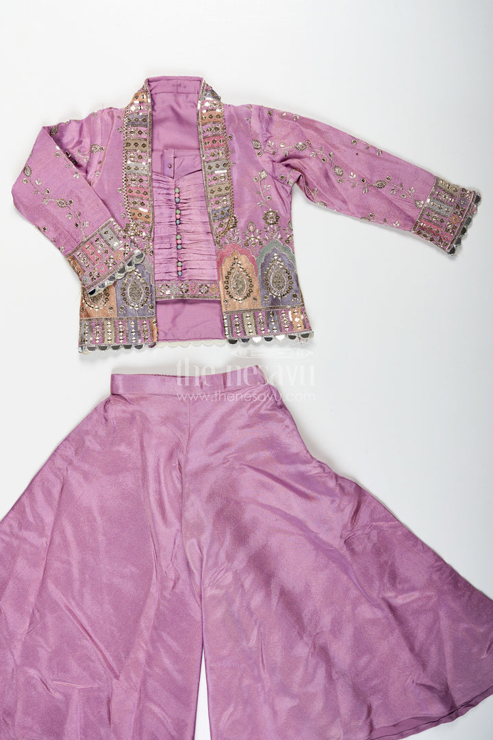 The Nesavu Girls Sharara / Plazo Set Girls Purple Sharara Set with Embroidered Jacket in Viscose Tissue and Matching Plazo Nesavu Girls Purple Sharara Set Embellished Jacket Viscose Tissue Plazo | The Nesavu