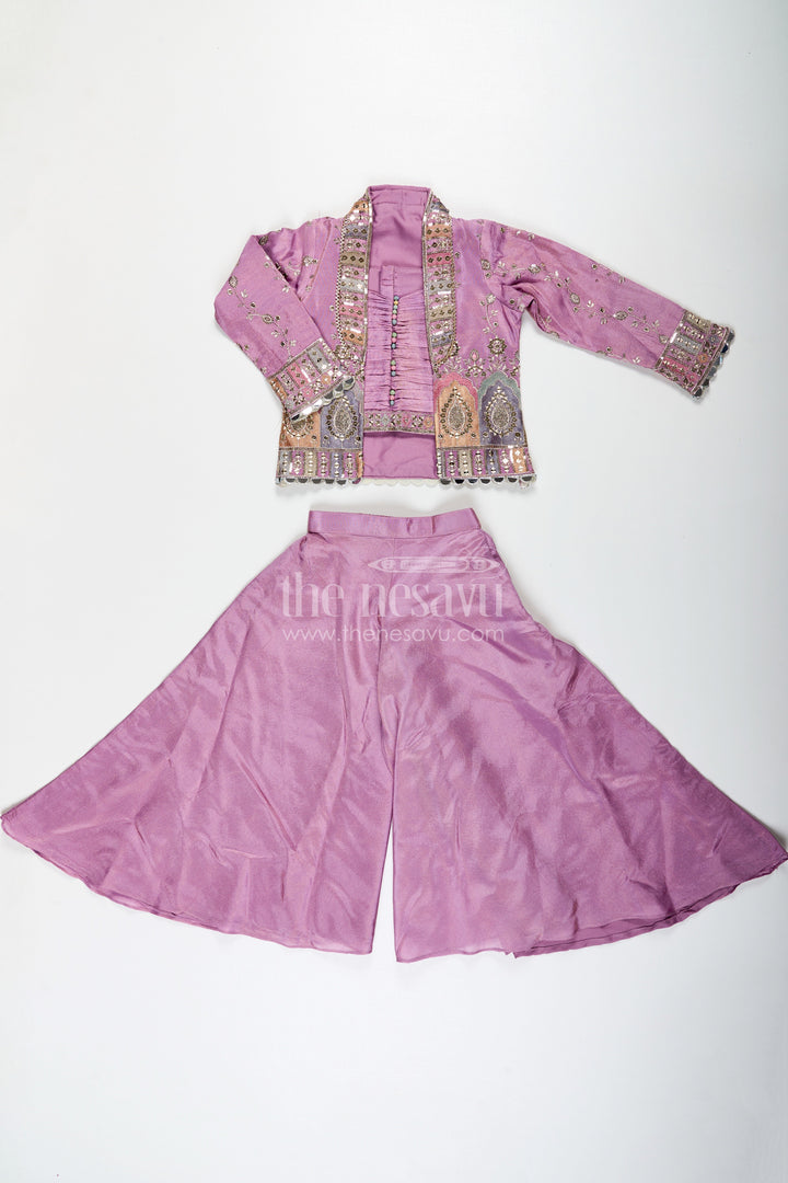 The Nesavu Girls Sharara / Plazo Set Girls Purple Sharara Set with Embroidered Jacket in Viscose Tissue and Matching Plazo Nesavu Girls Purple Sharara Set Embellished Jacket Viscose Tissue Plazo | The Nesavu