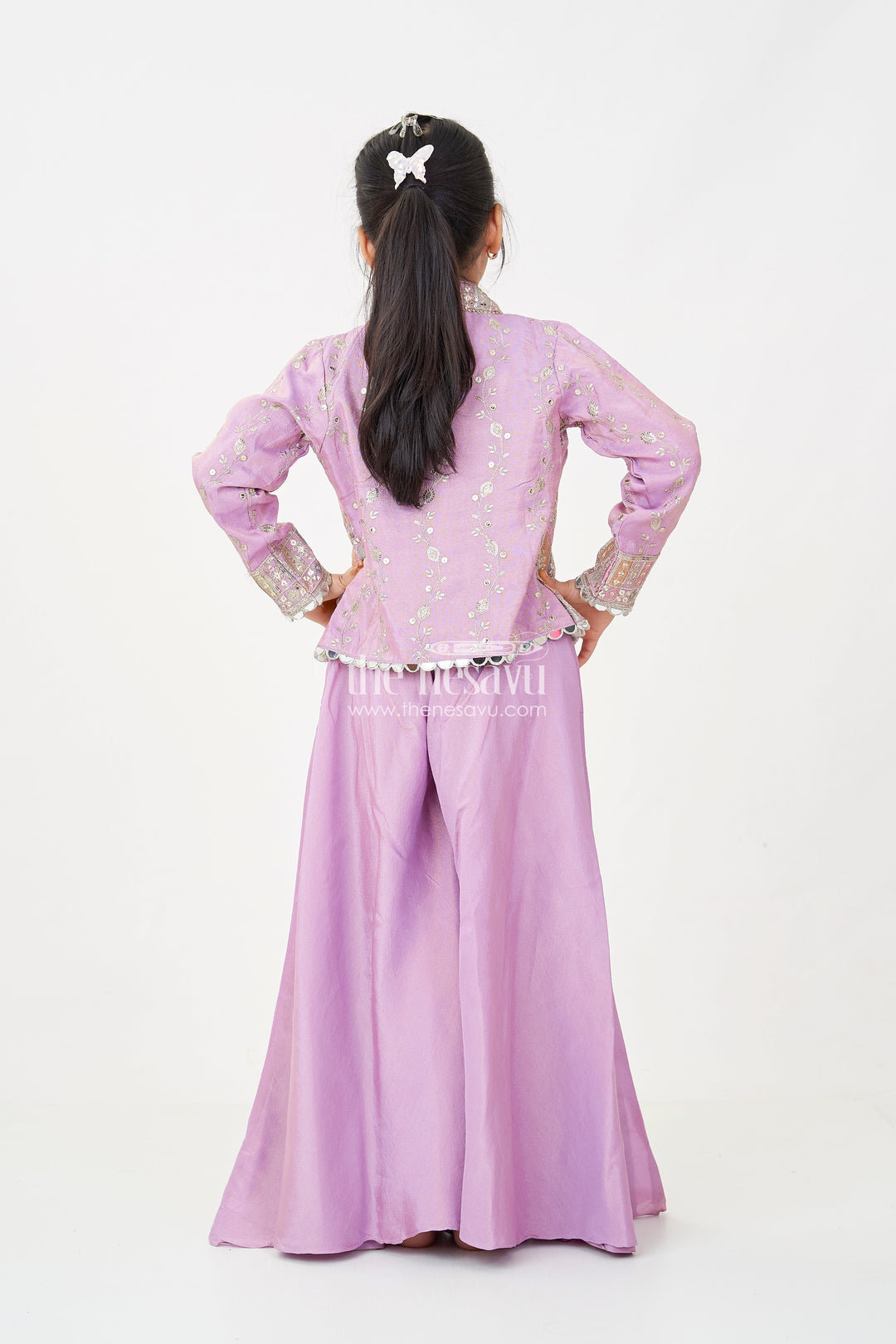 The Nesavu Girls Sharara / Plazo Set Girls Purple Sharara Set with Embroidered Jacket in Viscose Tissue and Matching Plazo Nesavu Girls Purple Sharara Set Embellished Jacket Viscose Tissue Plazo | The Nesavu
