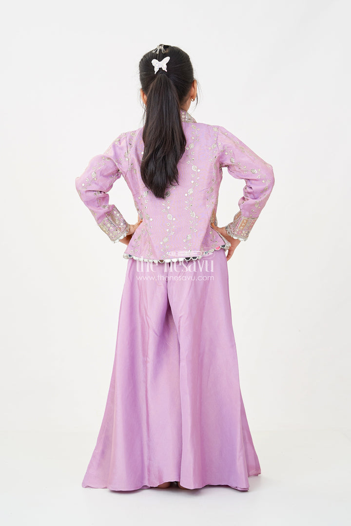 The Nesavu Girls Sharara / Plazo Set Girls Purple Sharara Set with Embroidered Jacket in Viscose Tissue and Matching Plazo Nesavu Girls Purple Sharara Set Embellished Jacket Viscose Tissue Plazo | The Nesavu