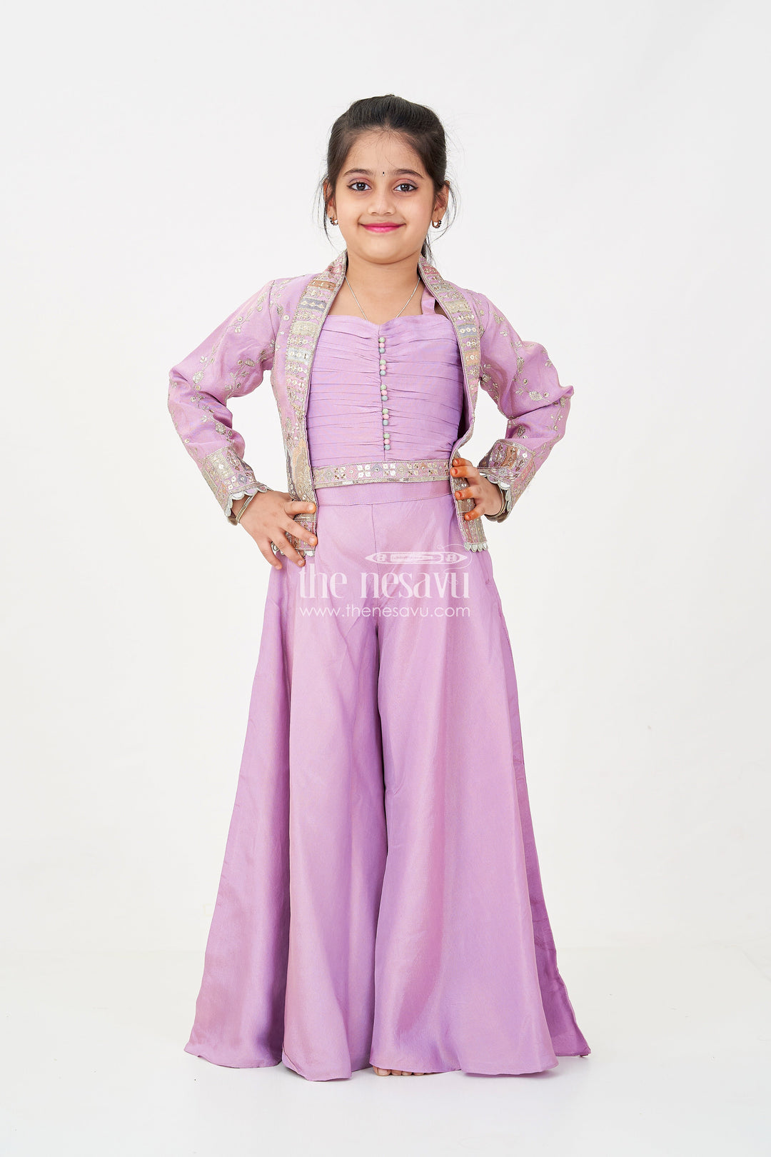 The Nesavu Girls Sharara / Plazo Set Girls Purple Sharara Set with Embroidered Jacket in Viscose Tissue and Matching Plazo Nesavu Girls Purple Sharara Set Embellished Jacket Viscose Tissue Plazo | The Nesavu
