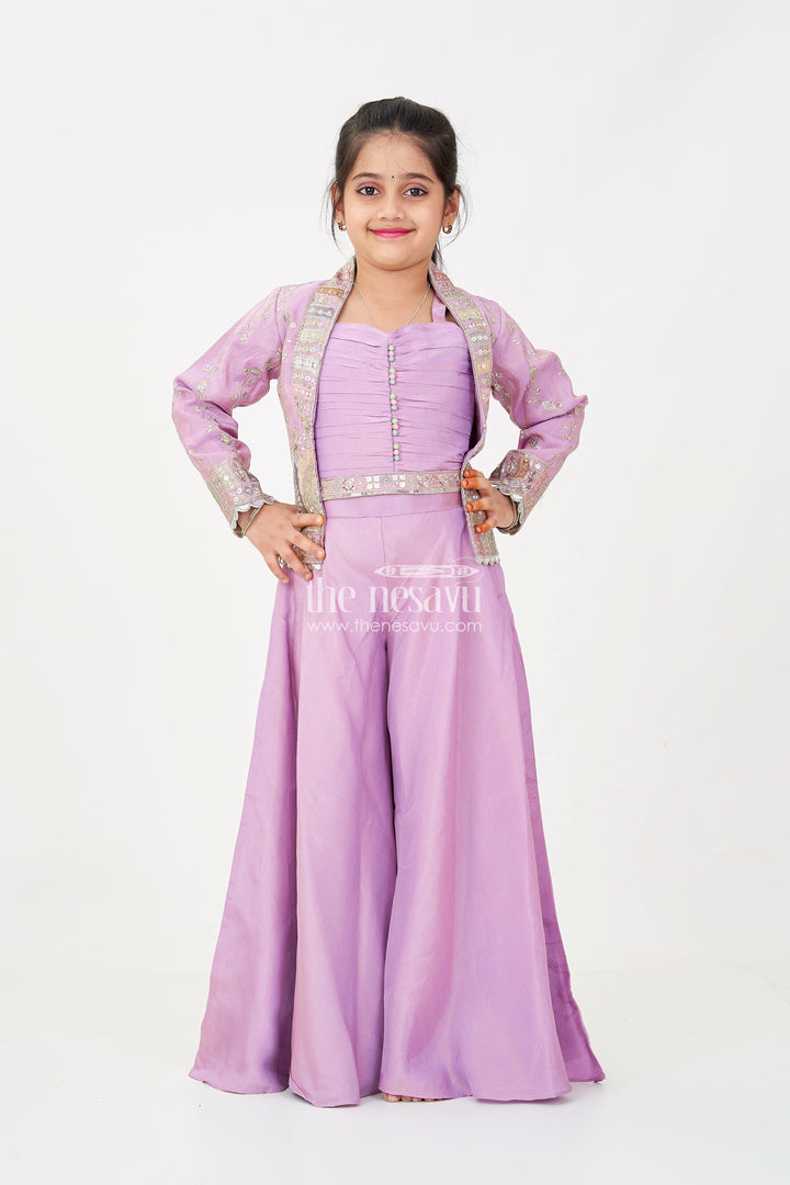 The Nesavu Girls Sharara / Plazo Set Girls Purple Sharara Set with Embroidered Jacket in Viscose Tissue and Matching Plazo Nesavu Girls Purple Sharara Set Embellished Jacket Viscose Tissue Plazo | The Nesavu
