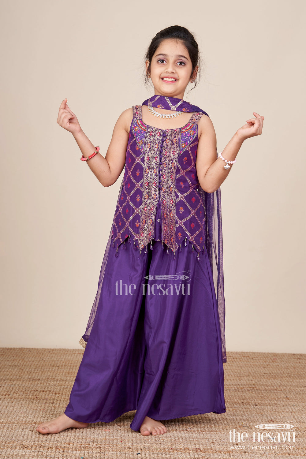 The Nesavu Girls Sharara / Plazo Set Girls Purple Sharara Set with Embroidered Yoke for Festive Occasions Nesavu Nesavu girls purple sharara set embroidered yoke plazo pants weddings festive wear