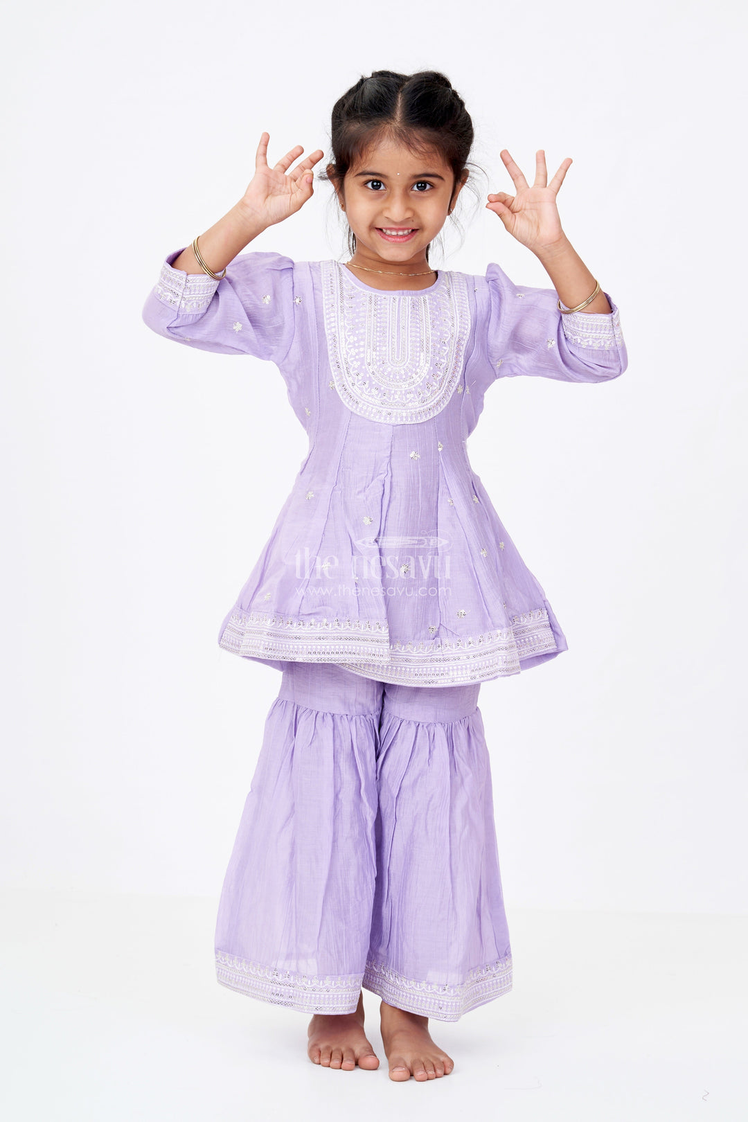 The Nesavu Girls Sharara / Plazo Set Girls Purple Sharara with Sequin Embroidered Cotton Set Featuring Kurta and Flared Pants Nesavu 18 (2Y) / Purple GPS571A-18 Girls Purple Cotton Sharara Set Sequin Embroidery Flared Pants | The Nesavu