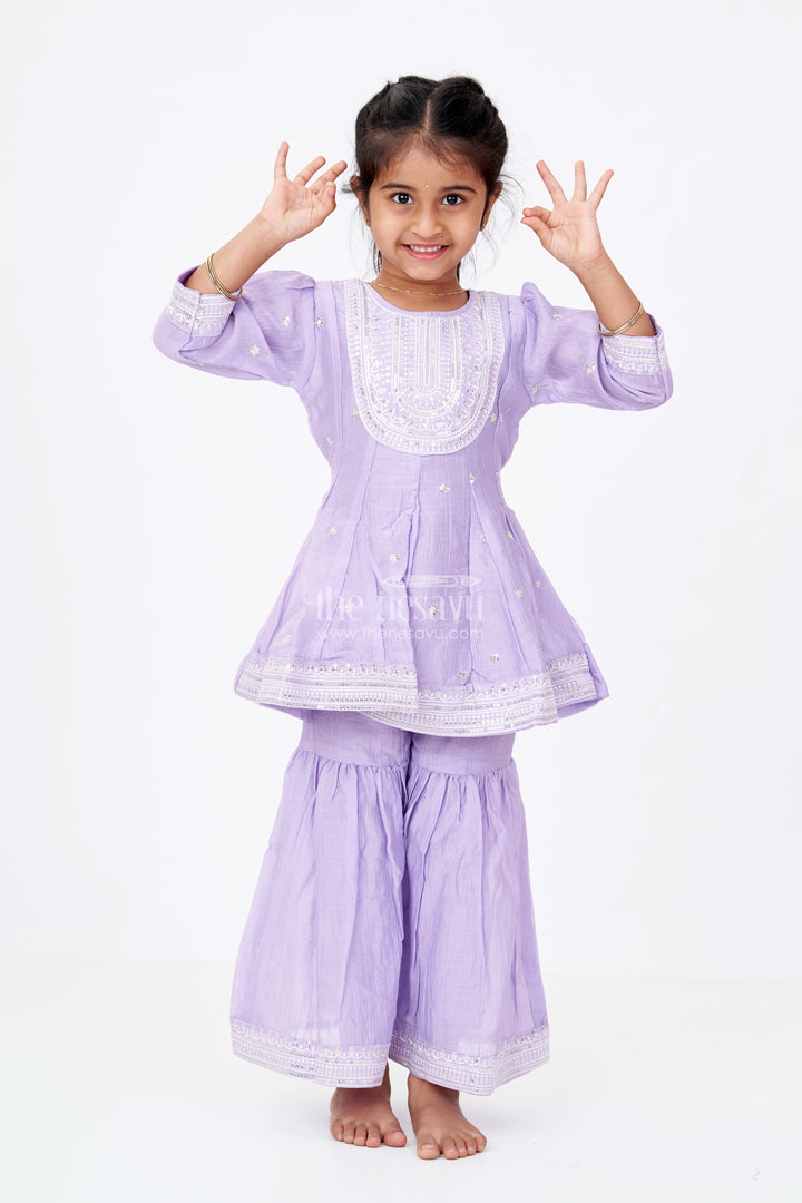 The Nesavu Girls Sharara / Plazo Set Girls Purple Sharara with Sequin Embroidered Cotton Set Featuring Kurta and Flared Pants Nesavu 18 (2Y) / Purple GPS571A-18 Girls Purple Cotton Sharara Set Sequin Embroidery Flared Pants | The Nesavu