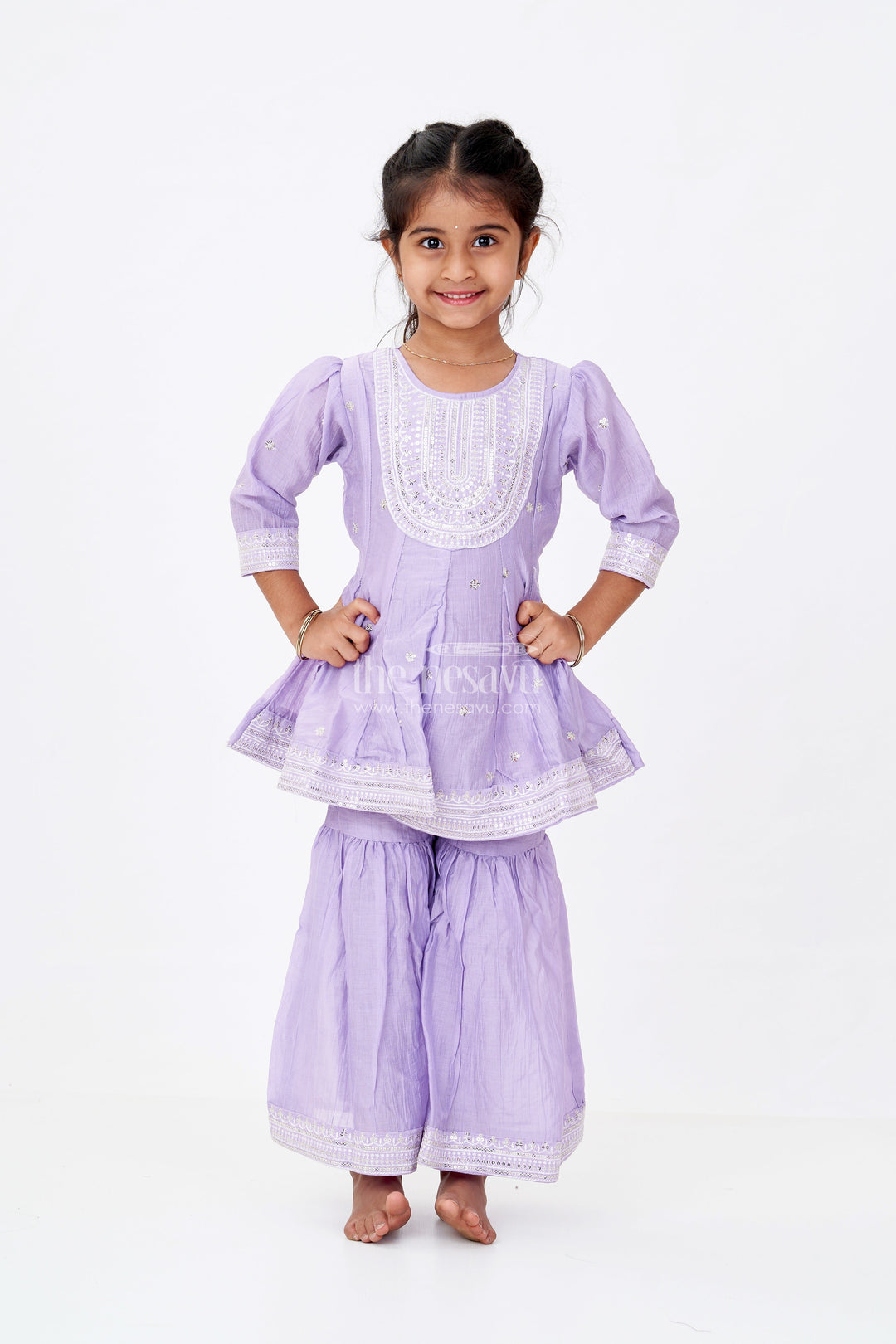 The Nesavu Girls Sharara / Plazo Set Girls Purple Sharara with Sequin Embroidered Cotton Set Featuring Kurta and Flared Pants Nesavu Girls Purple Cotton Sharara Set Sequin Embroidery Flared Pants | The Nesavu