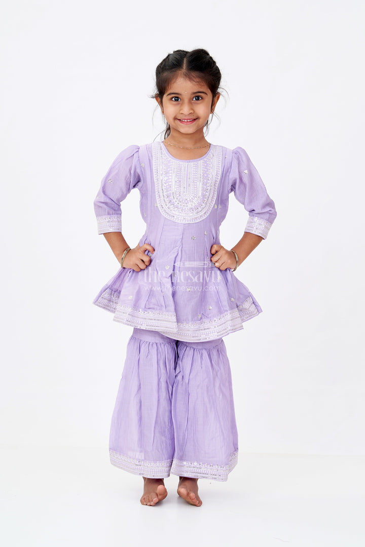 The Nesavu Girls Sharara / Plazo Set Girls Purple Sharara with Sequin Embroidered Cotton Set Featuring Kurta and Flared Pants Nesavu Girls Purple Cotton Sharara Set Sequin Embroidery Flared Pants | The Nesavu