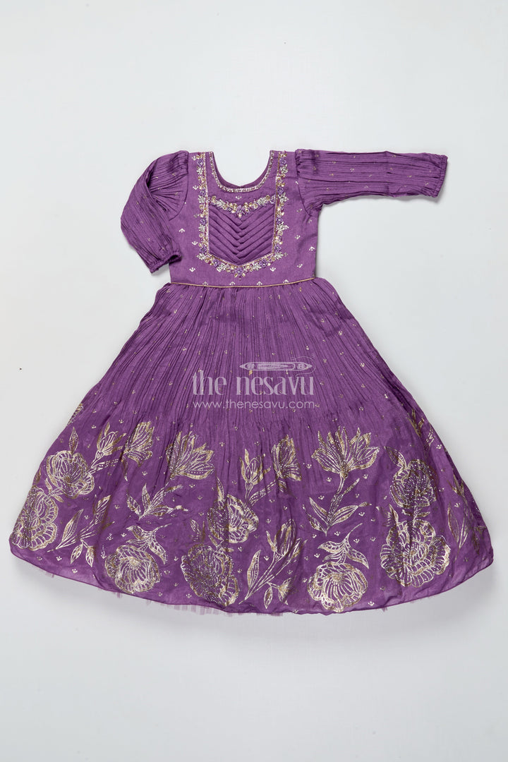 The Nesavu Girls Silk Gown Girls Purple Silk Gown with Designer Yoke for Birthday and Festive Wear Nesavu 24 (5Y) / Purple GA370A-24 Nesavu purple silk gown girls designer yoke  ideal birthdays festive celebrations