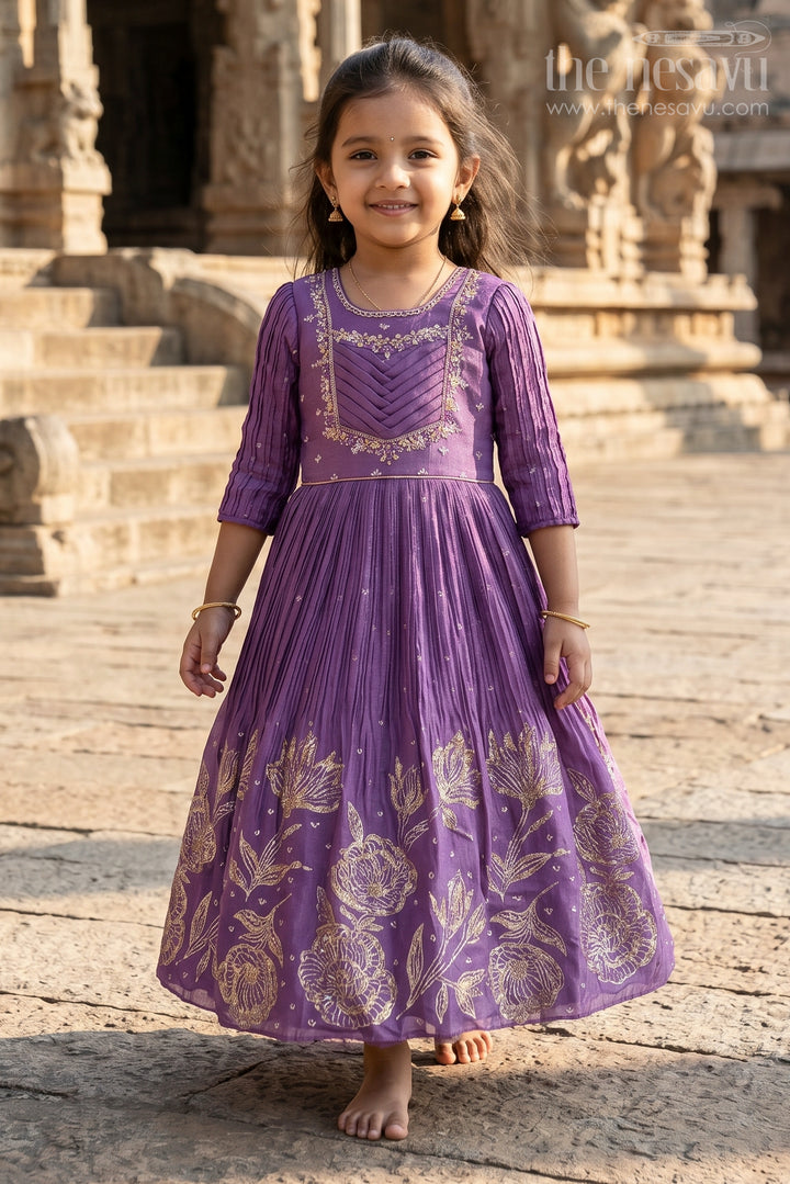 The Nesavu Girls Silk Gown Girls Purple Silk Gown with Designer Yoke for Birthday and Festive Wear Nesavu 24 (5Y) / Purple GA370A-24 Nesavu purple silk gown girls designer yoke  ideal birthdays festive celebrations